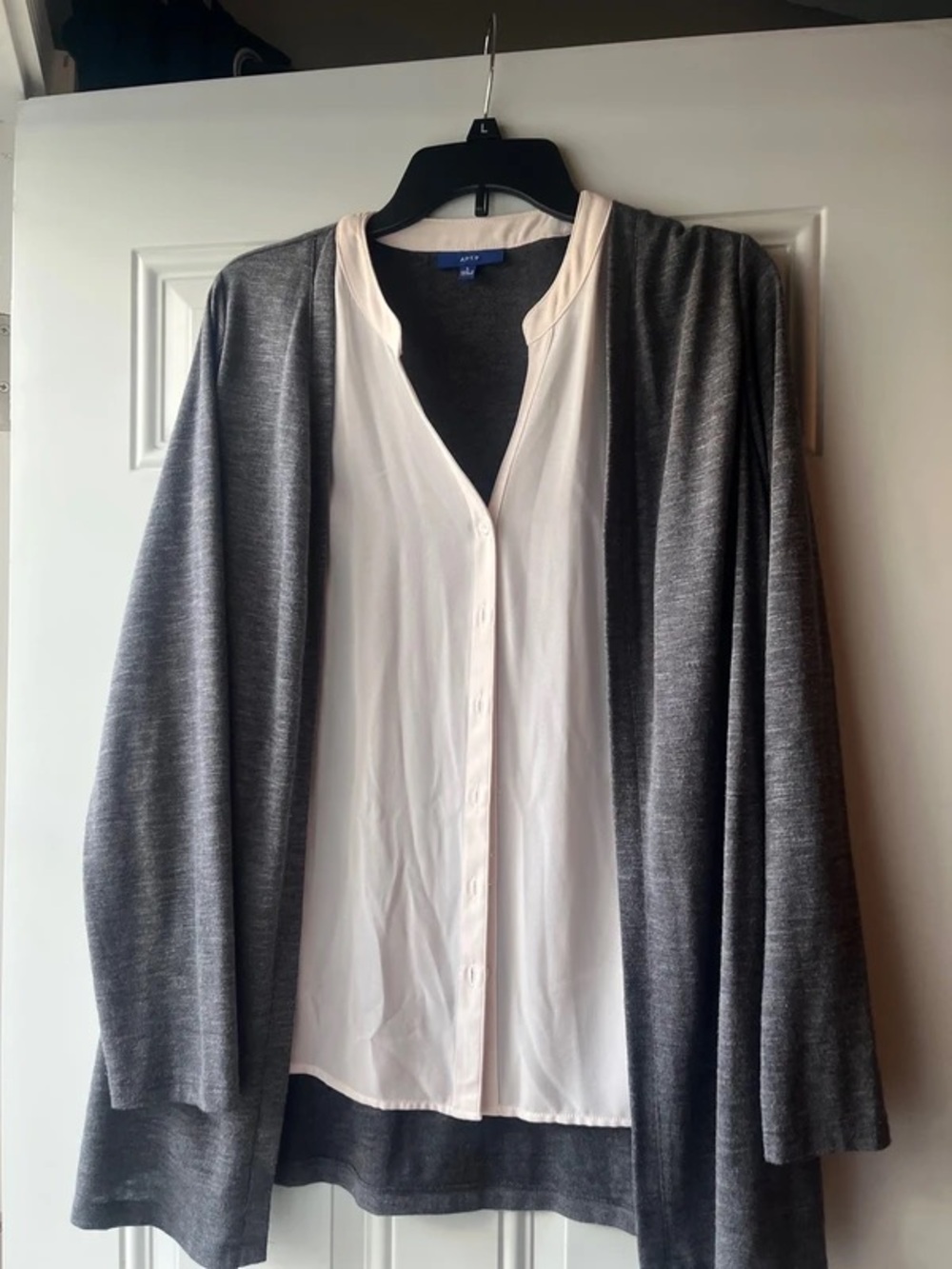 Apt. 9 Gray Open-Front Cardigan with Cream Blouse Layer